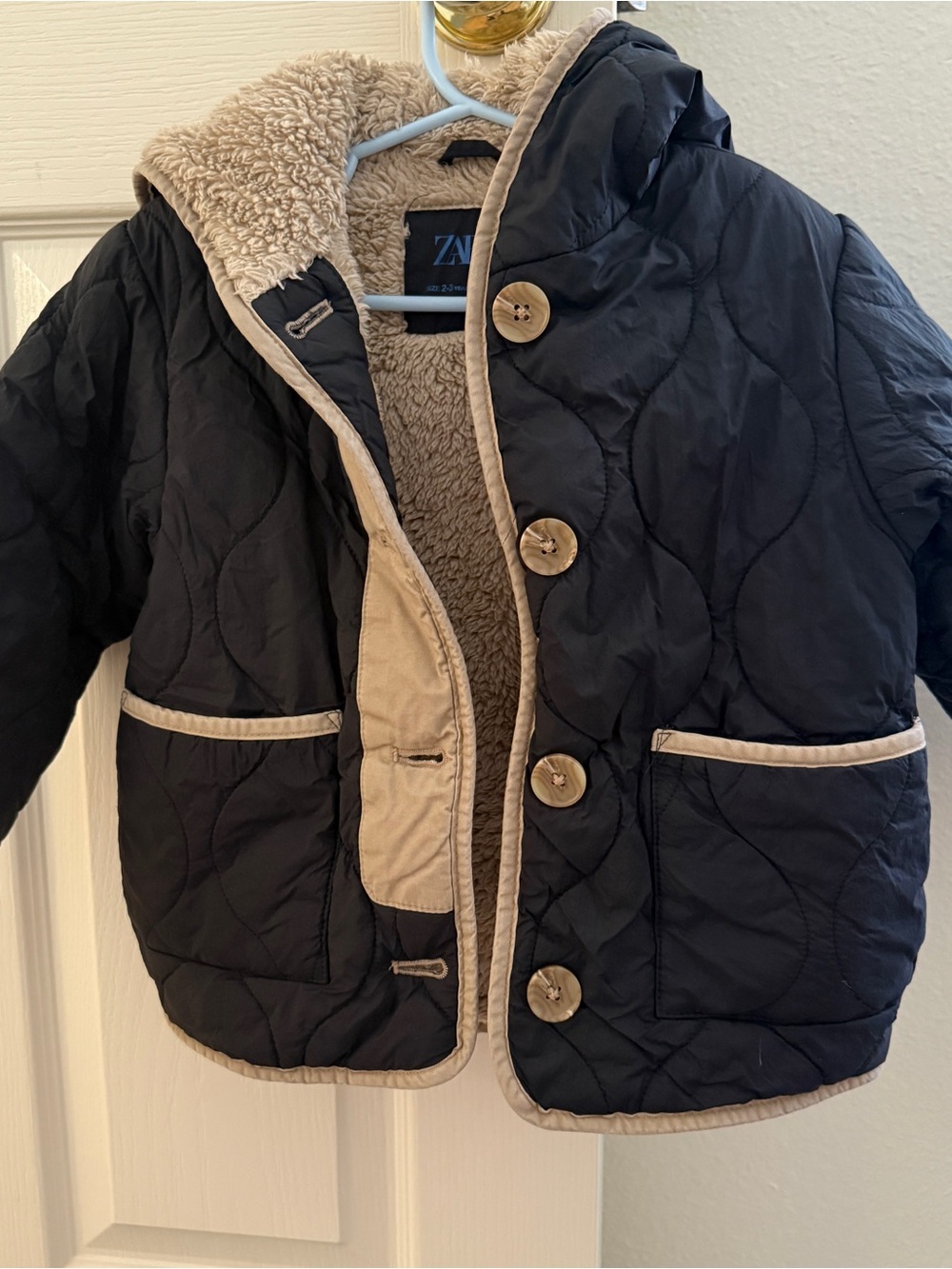 Zara Kids Sherpa Black Quilted Jacket with Beige Trim